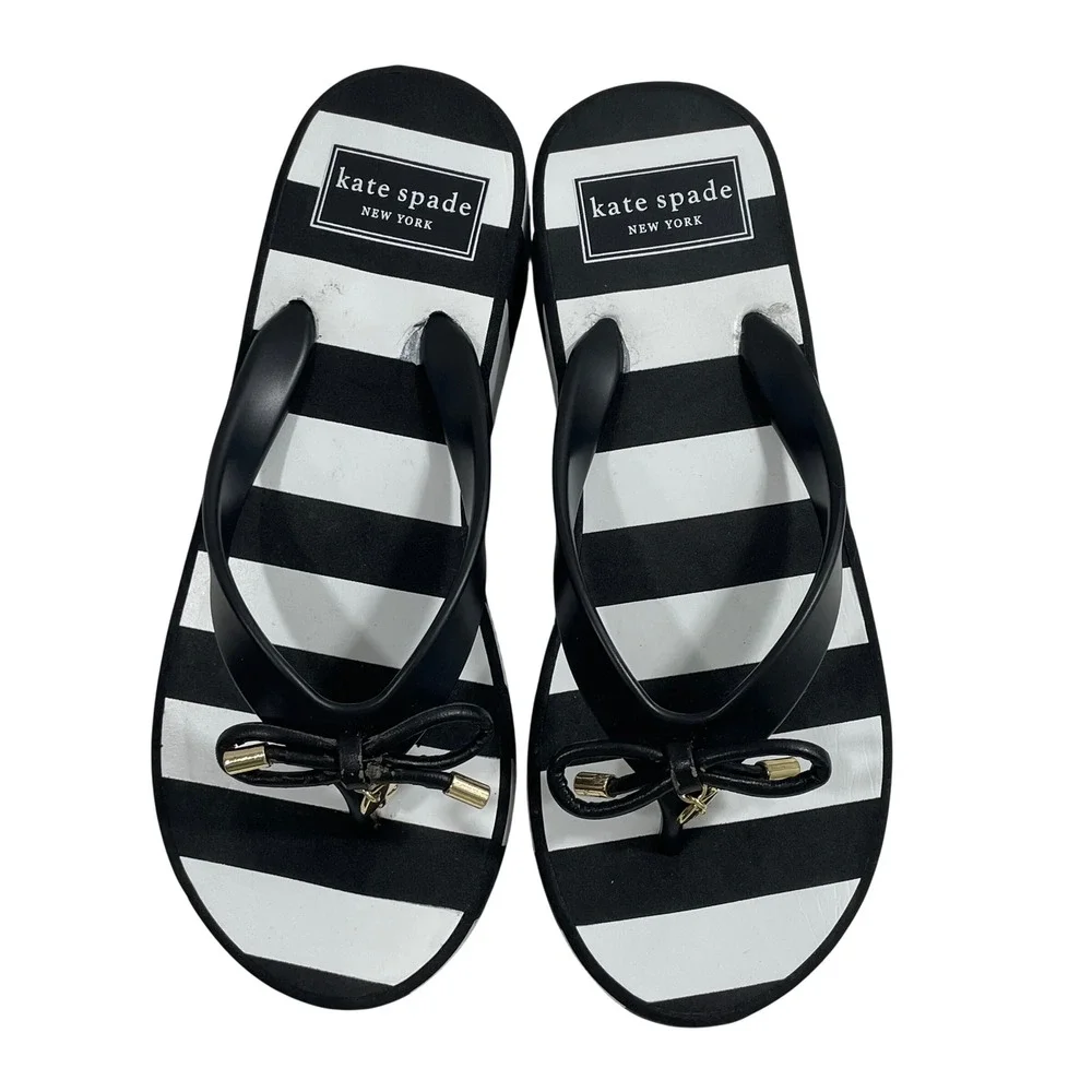 Kate Spade New York Black White Striped Platform Flip Flop Bow Sandals US 5M